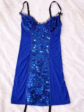 Dreamgirl Blue Sequin Mesh Slip Lingerie With Garters Size S